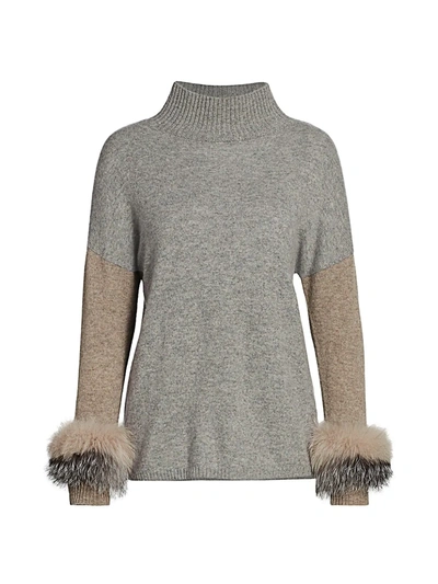 Sofia Cashmere Fox Fur Cashmere Mock-neck Top In Grey Taupe