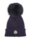 Moncler Ribbed Wool Beanie With Fur Pompom In Navy