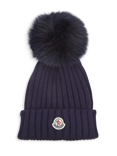 Moncler Ribbed Wool Beanie With Fur Pompom In Navy