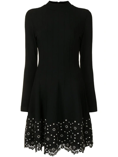 Lela Rose Crocheted Lace-trimmed Ribbed Stretch-knit Dress In