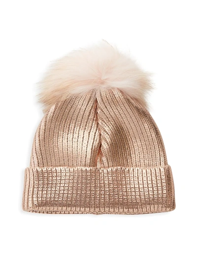 Adrienne Landau Fox Fur Pom-pom Metallic Knit Beanie In Rose Gold