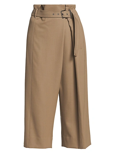 Brunello Cucinelli Asymmetrical Pleat Belted Wool Culottes In Brown