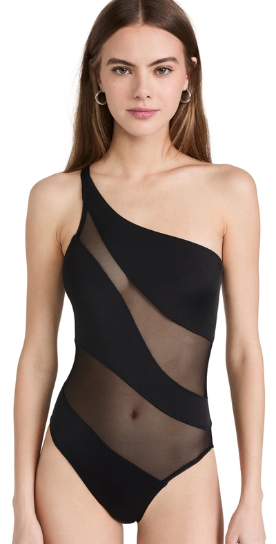 Norma Kamali One-shoulder Snake-print Mesh One-piece Swimsuit In Black/black Mesh