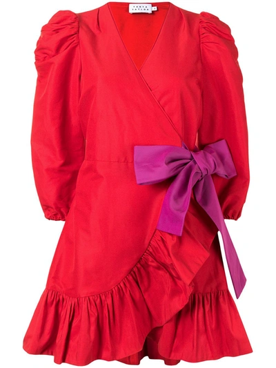 Tanya Taylor Bow-detail Puff-sleeve Mini Dress In Rouge