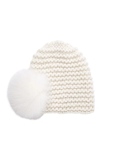 Raffaello Bettini Fox Fur Pom-pom Chain-ribbed Cashmere Beanie In Natural