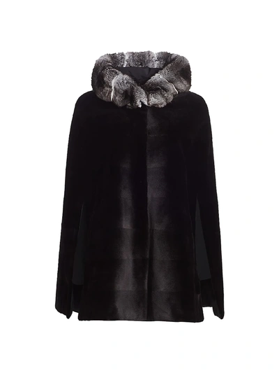The Fur Salon Chinchilla Fur-trimmed Hooded Reversible Mink Fur Cape In Black Natural