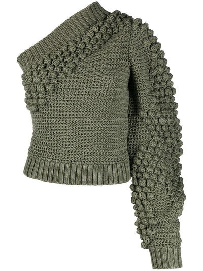 Helmut Lang Pompom-embellished One-sleeve Knitted Sweater In Olive/army