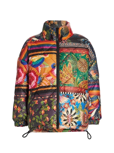 Farm Rio Mixed Scarves Reversible Puffer Jacket In Multi