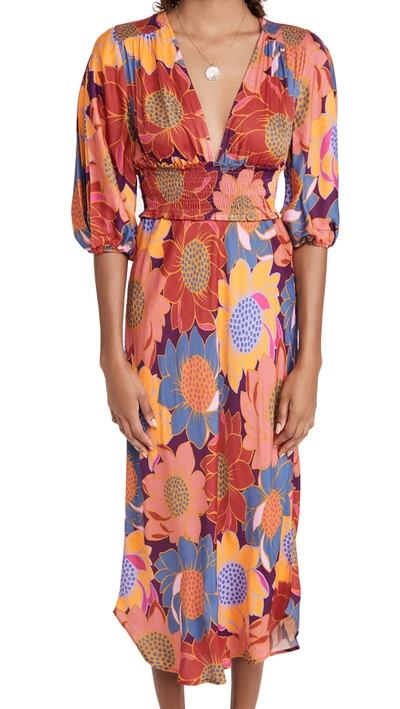 farm rio smocked midi dress Farm Rio Anthropologie Pink Macaw Flight Smocked Midi Dress Printed Sz  Small