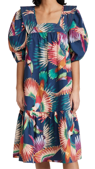 Farm Rio Navy Colorful Toucans Printed Midi Dress