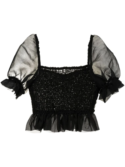 Staud Cannon Organza Puff Sleeve Crop Top In Black