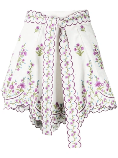 Zimmermann Poppy Belted Scalloped Embroidered Linen Shorts In Multi