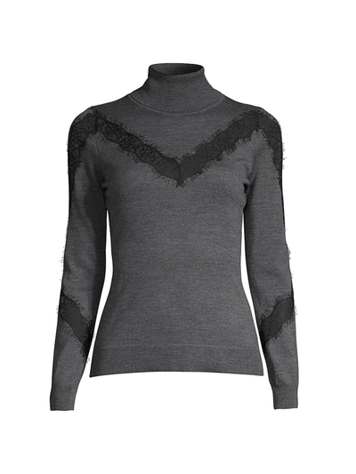 Milly Lace Insert Wool Turtleneck In Heather Grey