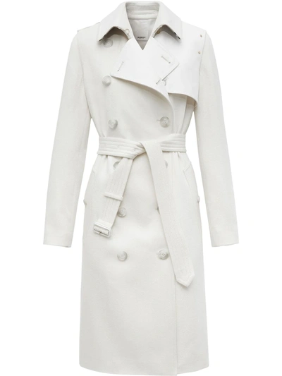 Burberry Cashmere Trench Coat With Gabardine Flaps In Natural White