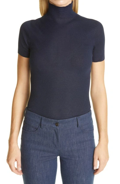 Akris Ribbed Mulberry Silk And Cotton-blend Turtleneck Top In Deep Blue