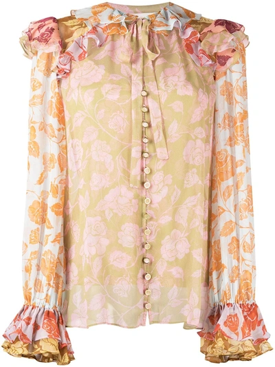Zimmermann Lovestruck Mixed Floral Ruffle Silk Shirt In Mixed Rose