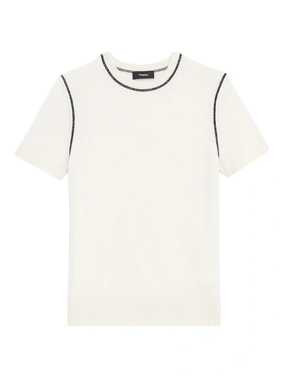 Theory Women's Contrast-trim Cashmere T-shirt In Ivory Black