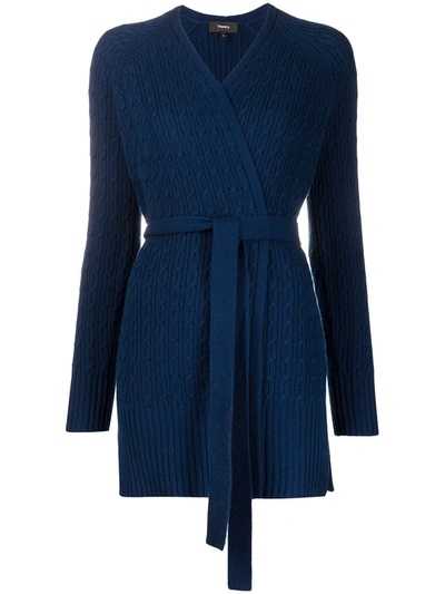 Theory Malinka' Cashmere Cable Knit Belted Cardigan In Midnight