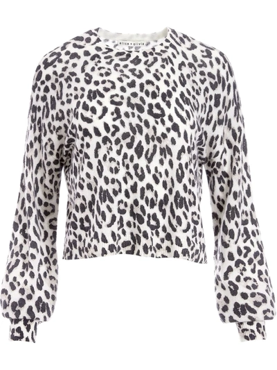 Alice And Olivia Ansley Leopard Print Blouson Sleeve Cashmere Sweater In Royal Leopard