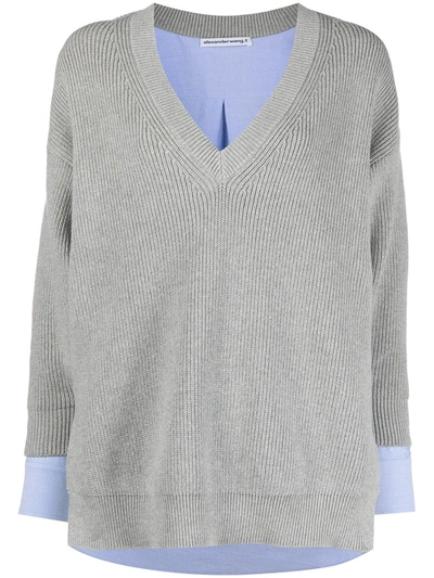 Alexander Wang T Layered Ribbed Cotton-blend And Cotton Oxford Jumper In Grey