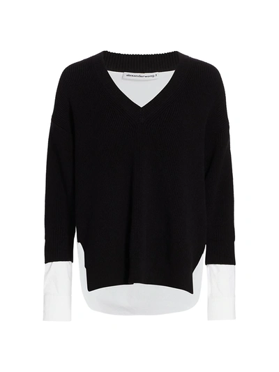 Alexander Wang T Layered Oxford Shirting V-neck Pullover In Black White