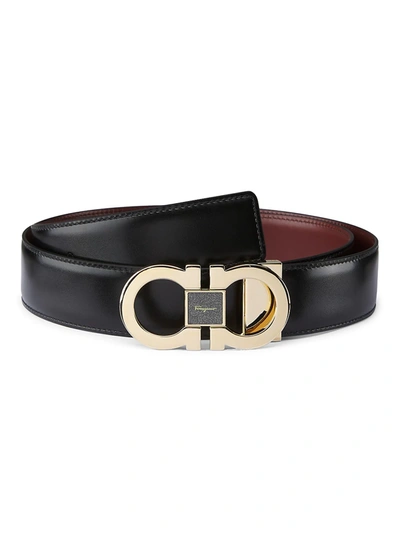 Ferragamo Reversible & Adjustable Double Gancini Belt In Nero Cordovan