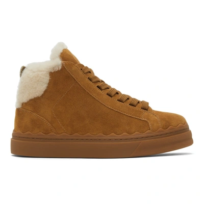 Chloé Lauren Shearling-lined Scalloped Suede High-top Sneakers In Brown