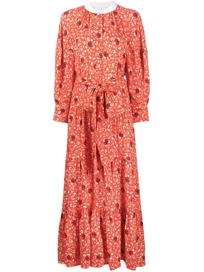 Chloé Floral-print Long-sleeve Tiered Maxi Dress In Orange