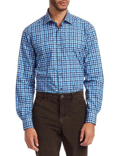Saks Fifth Avenue Men's Collection Spray Effect Cotton Check Shirt In Blue