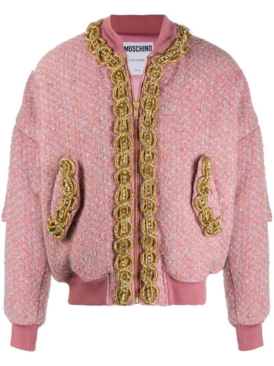 Moschino Embroidered-trim Bomber Jacket In Pink