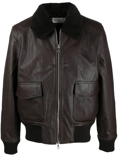 Officine Generale Jhon Leather Bomber Jacket In Brown