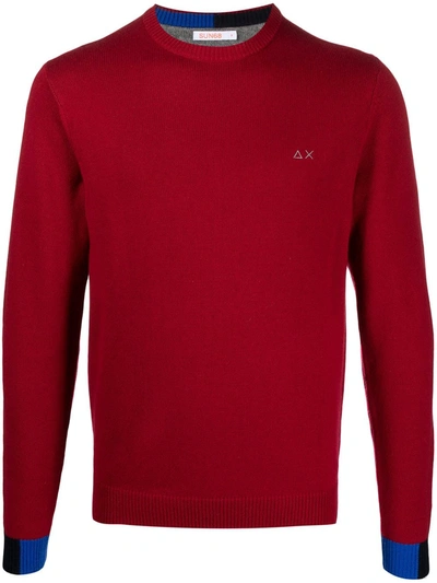 Sun 68 Contrasting Cuff Rib-trimmed Jumper In Rosso Scuro