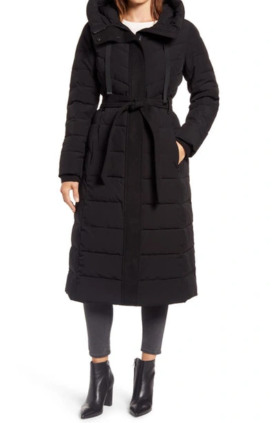 Ellen Tracy Belted Hooded Quilted Coat In Black