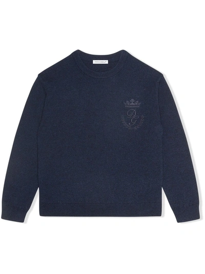 Dolce & Gabbana Kids' Logo-embroidered Fine-knit Jumper In Blue