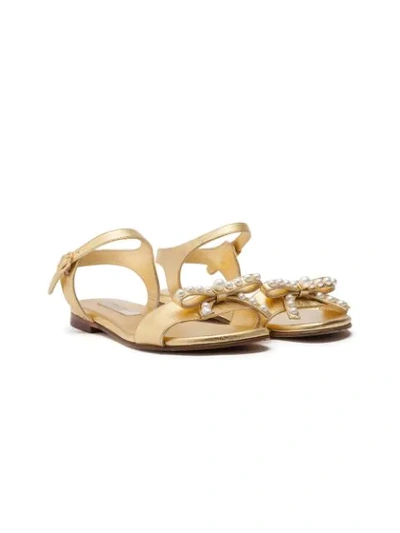 Dolce & Gabbana Kids' Ankle Strap Sandals In Laminated Leather With Bow In Gold