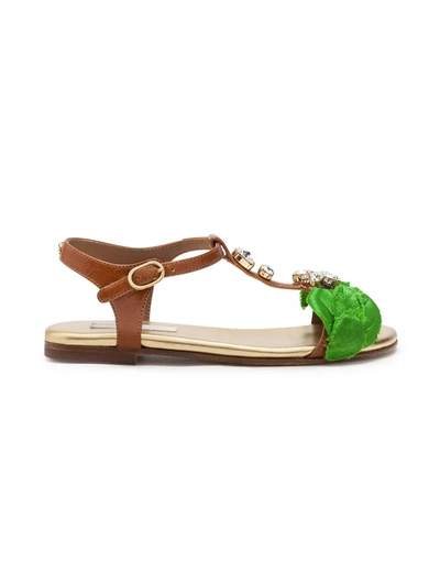 Dolce & Gabbana Kids' Leaf Crystal Embellished Sandals In Brown