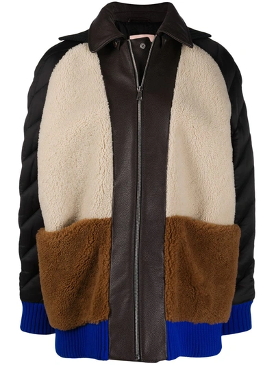 Plan C Contrast-panel Leather Jacket In Brown