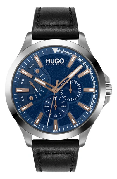 Hugo Boss Leap Multifunction Leather Strap Watch, 45mm In Black
