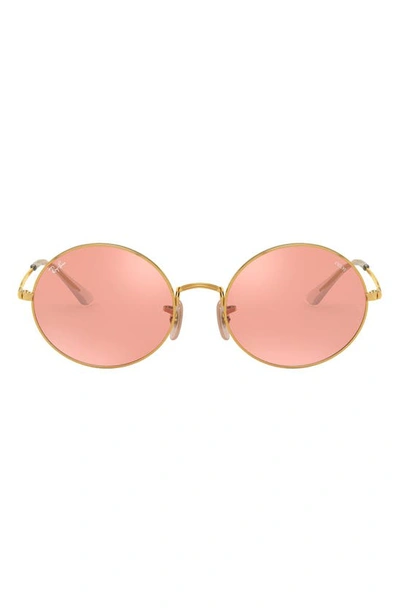 Ray Ban 54mm Polarized Round Sunglasses In Gold/ Pink Grey Mirror