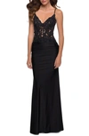 La Femme Sequined Lace Jersey Gown With Sheer Bodice In Black