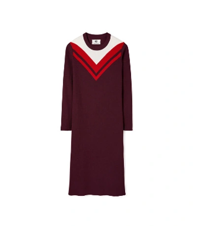 Tory Sport Tory Burch Performance Merino Ribbed Chevron Dress In Winetasting/gala Red