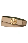 Tory Burch Women's 1 Reversible Leather Logo Belt In Gray Heron/poblano/gold