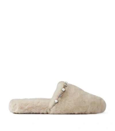 Jimmy Choo Aliette Embellished Shearling Slippers In Natural/crystal Mix