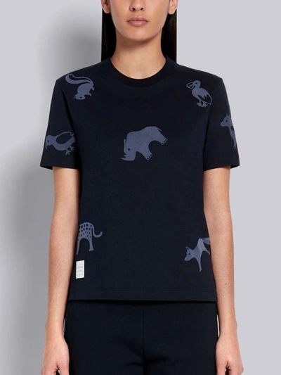 Thom Browne Navy Cotton Jersey Tonal Multi-animal Icon Print Short Sleeve Tee In Blue