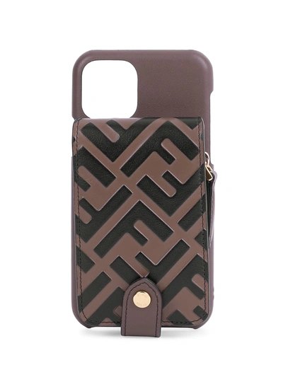 Fendi Ff Logo Leather Iphone 11 Case In Black Maya