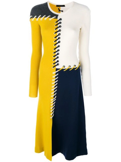 Cedric Charlier Color-block Whipstitched Wool And Cashmere-blend Midi Dress In Yellow Navy