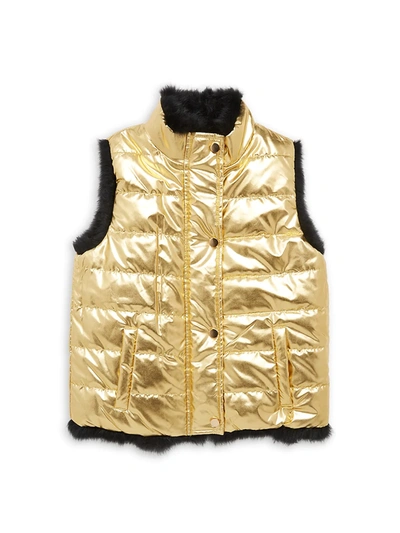 Adrienne Landau Kids' Little Girl's & Girl's Rabbit Fur-lined Metallic Puffer Vest In Gold Black
