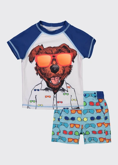 Andy & Evan Kids' Boy's Dog Print Short-sleeve Rash Guard W/ Matching Swim Shorts In Light Blue