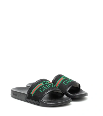 Gucci Kid's Logo Fabric Slides In Black | ModeSens