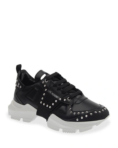 Les Hommes Men's Studded Leather Chunky Low-top Sneakers In Black